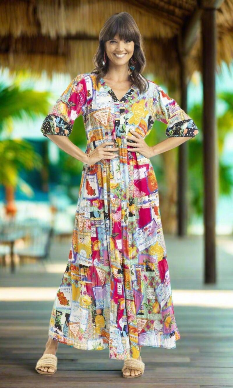 Escape by OQ Lana Rayon Tiered Maxi Dress Tropical Postcard Print Size 2X